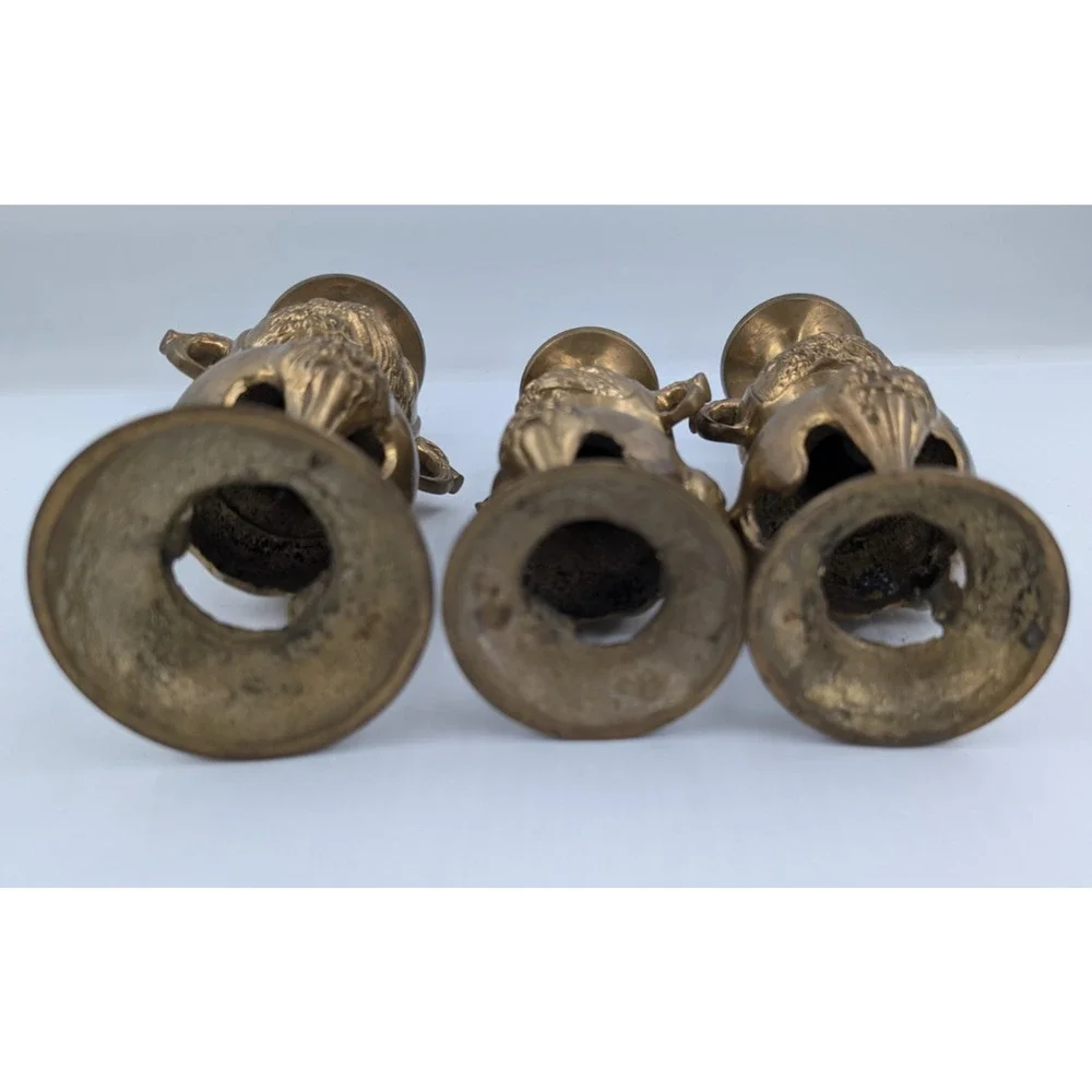 Ornate Oriental Brass Candle Holders Set of 3 - Flowers Birds Fu Dogs